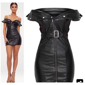 red faux leather bardot waist belt bodycon dress